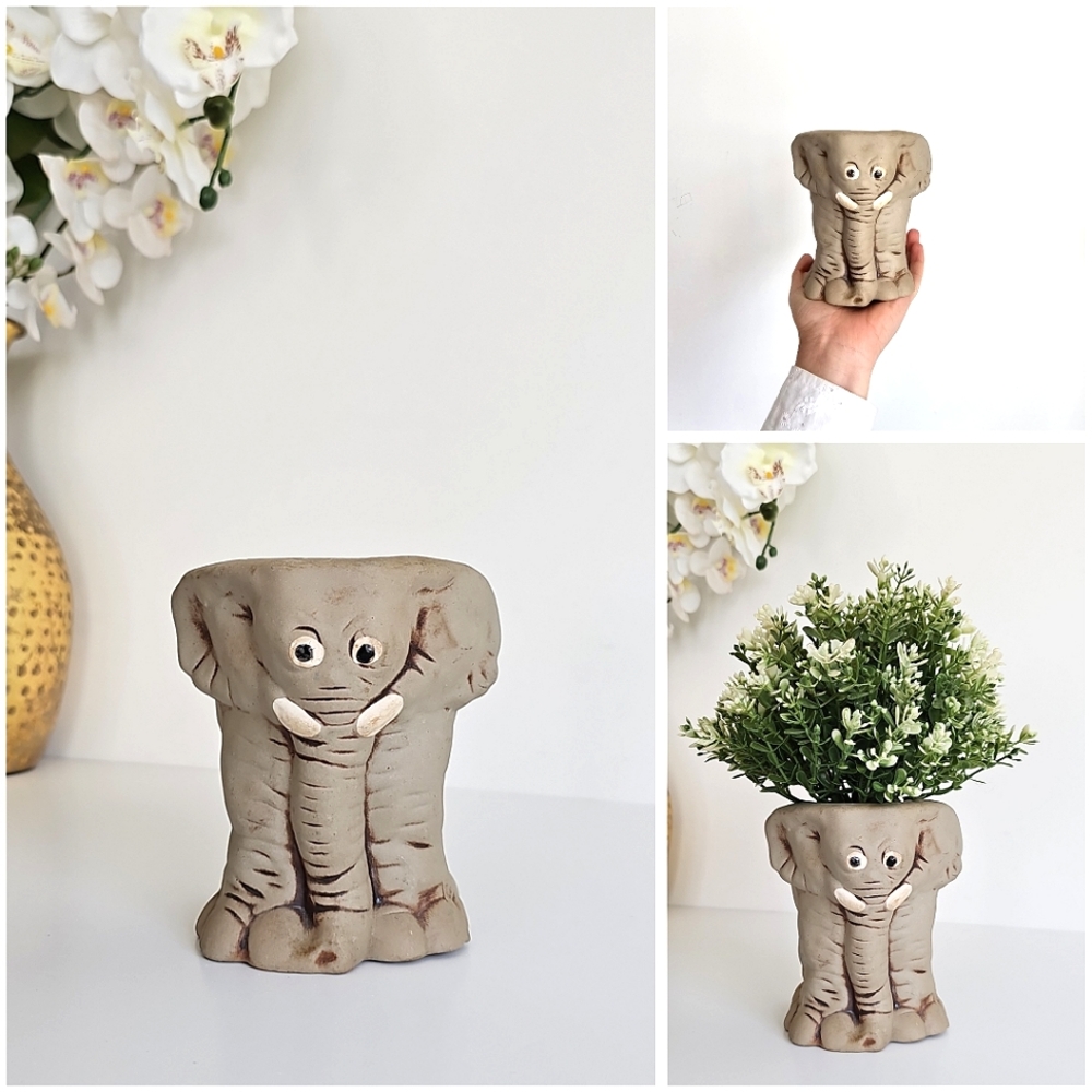 Vintage Ceramic Elephant Grey Planter Pottery Succulent Whimsical Pot